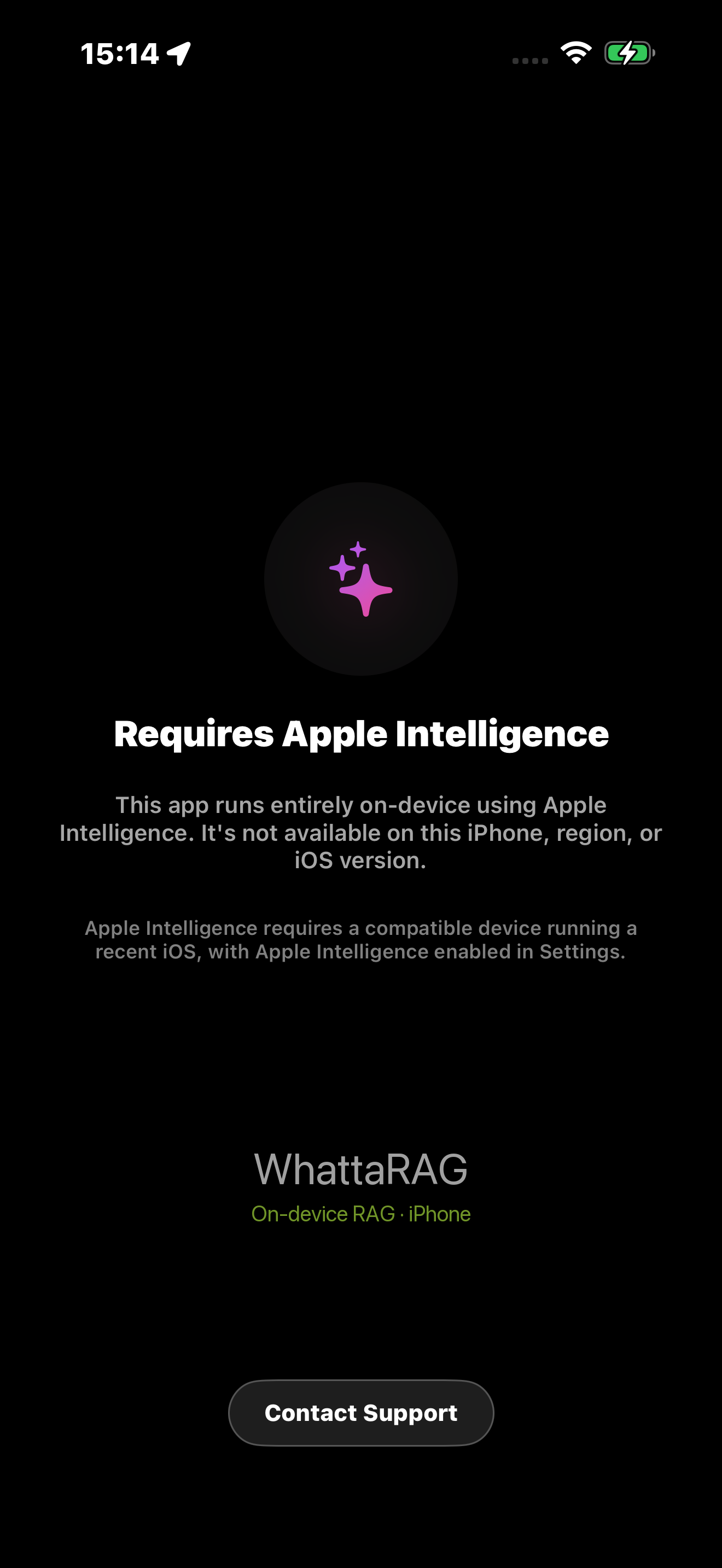 WhattaRAG's Apple Intelligence availability screen, shown when the device or region can't run Apple Intelligence